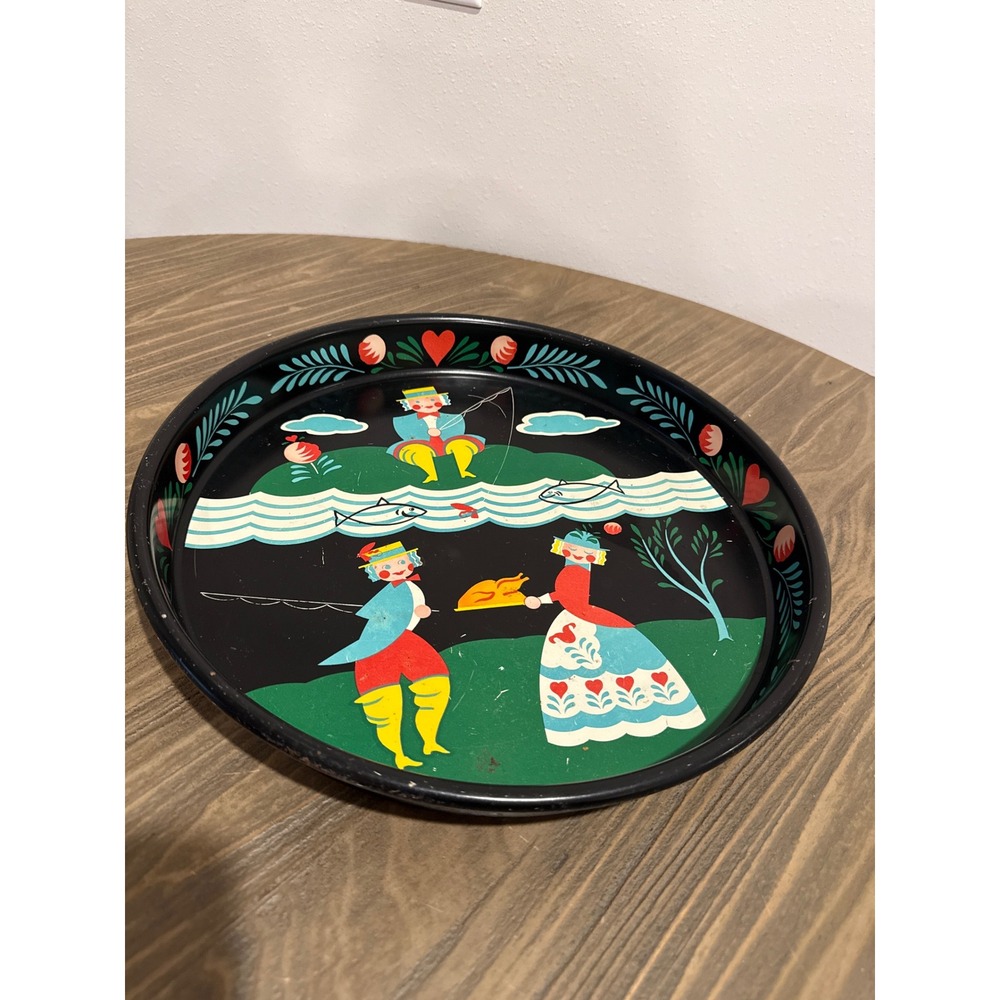 Vintage 60s Masonware Serving Tray Pennsylvania Dutch Fishing MCM Decor Fishing